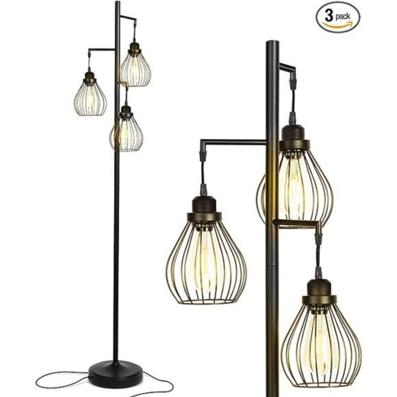 LED Floor Lamp – Tree Standing Lamp with 3 Elegant Cage Heads & Edison Bulbs - Picture 6 of 6